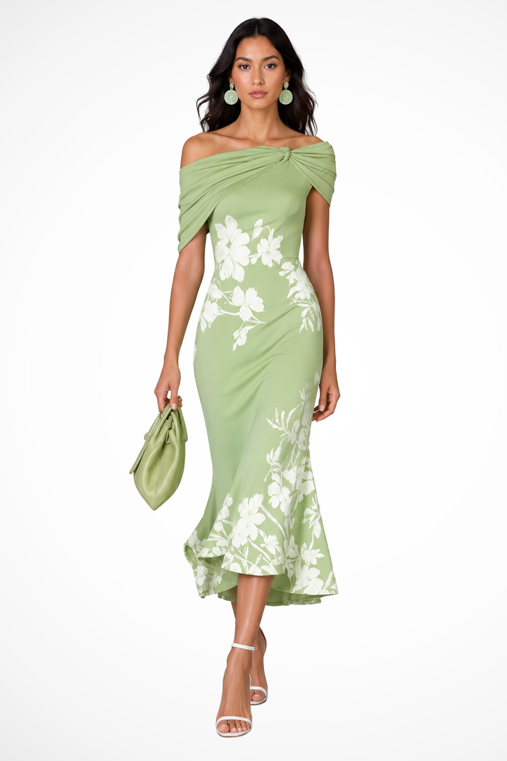 Elegant women's off-shoulder floral print midi dress, perfect for a wedding guest or summer party. A-line silhouette.
