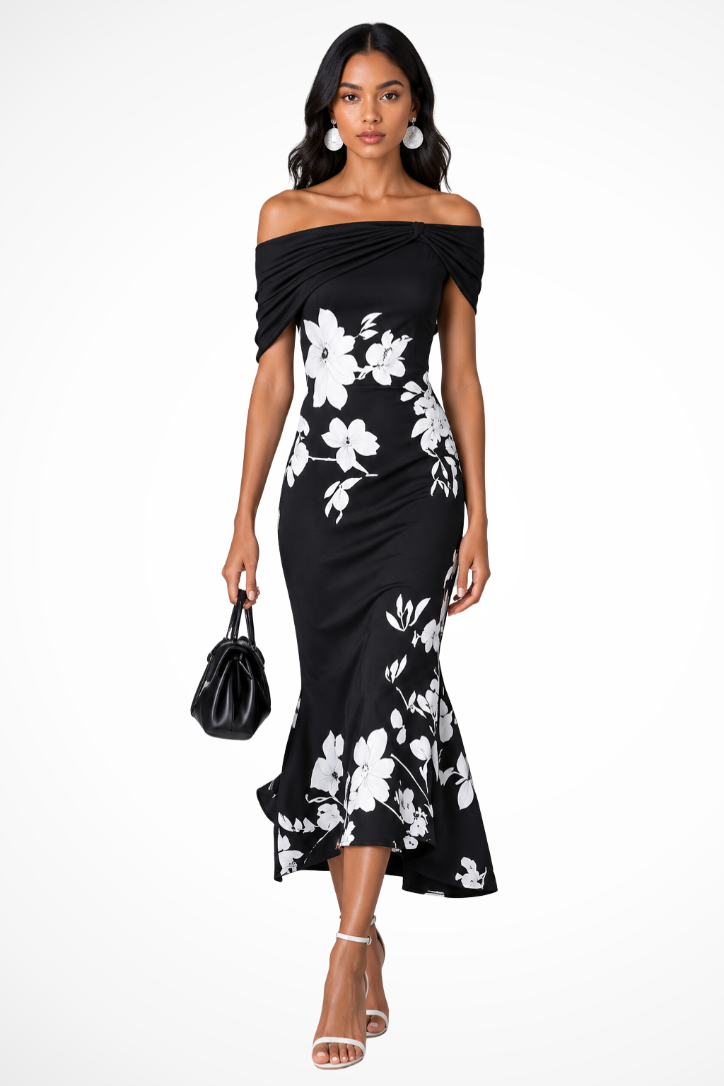 Beautiful women's floral print off-shoulder midi dress. Elegant A-line style for wedding guests & formal events.