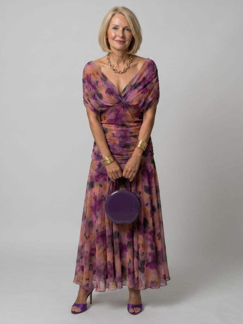 Elegant women's off shoulder flow midi dress, comfortable and versatile for summer occasions.