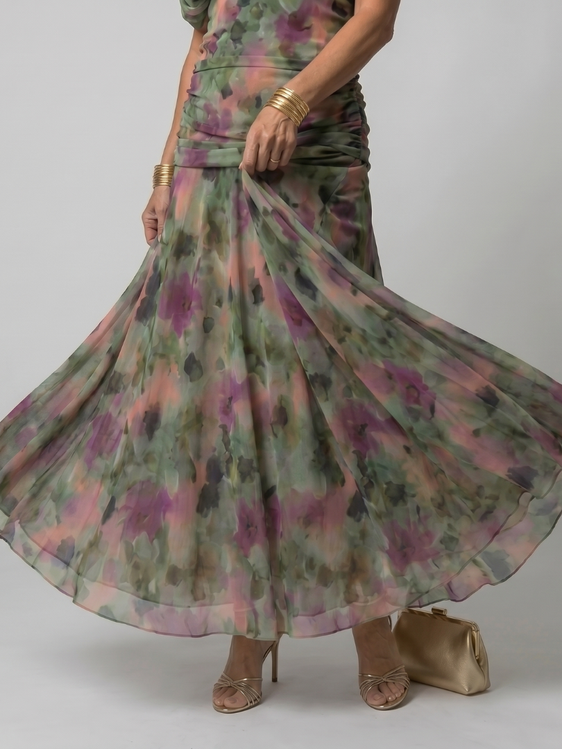 Stylish draped neckline off shoulder midi dress, offering elegant comfort for women's fashion.