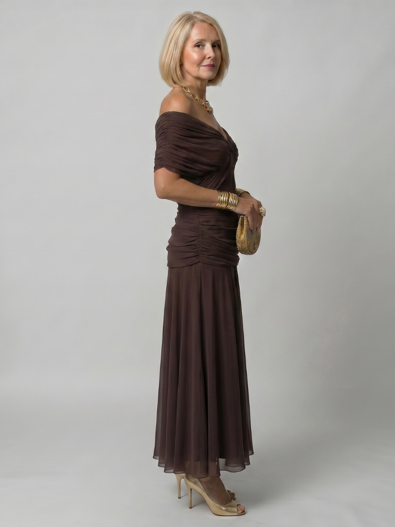 Comfortable off shoulder midi dress for women, an elegant party dress with a versatile design.