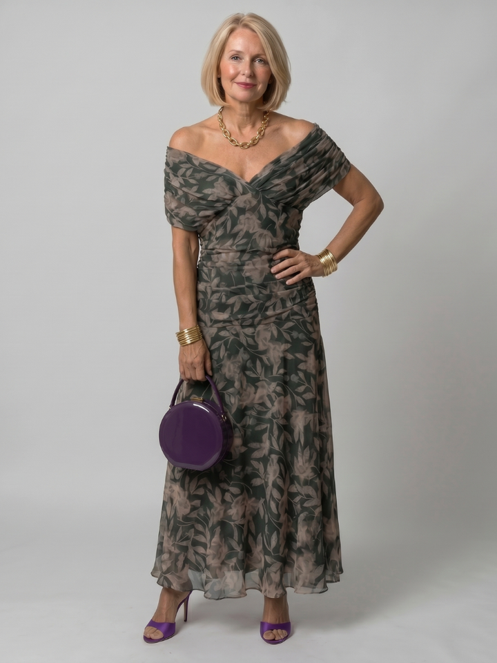 Women's elegant off shoulder midi dress, offering comfort and a chic summer party vibe.