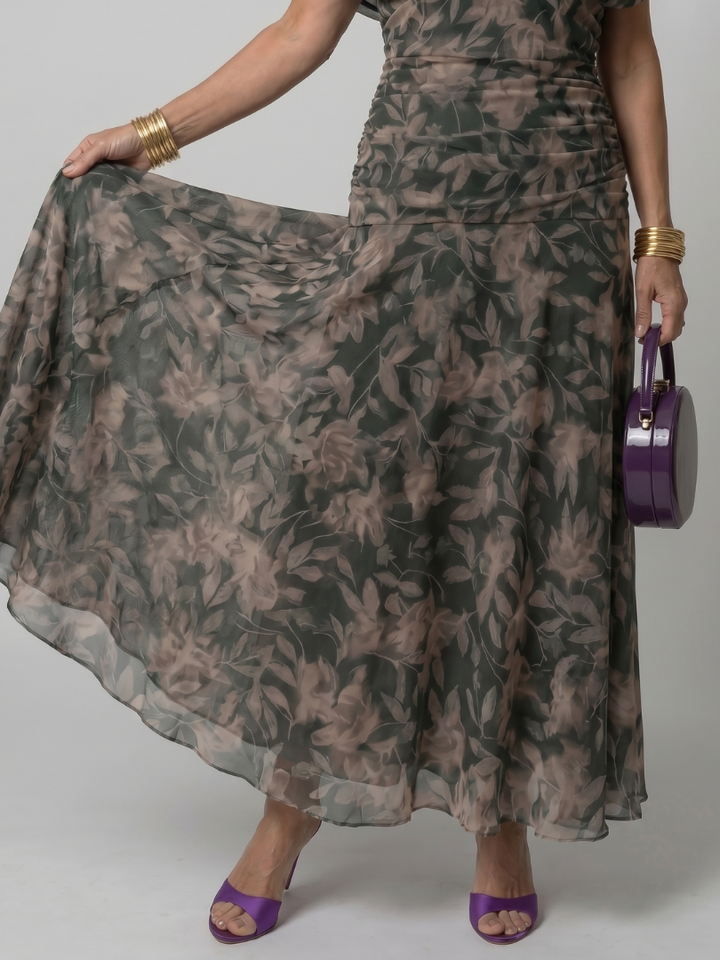 Draped neckline off shoulder midi dress for women, combining elegance with casual comfort.