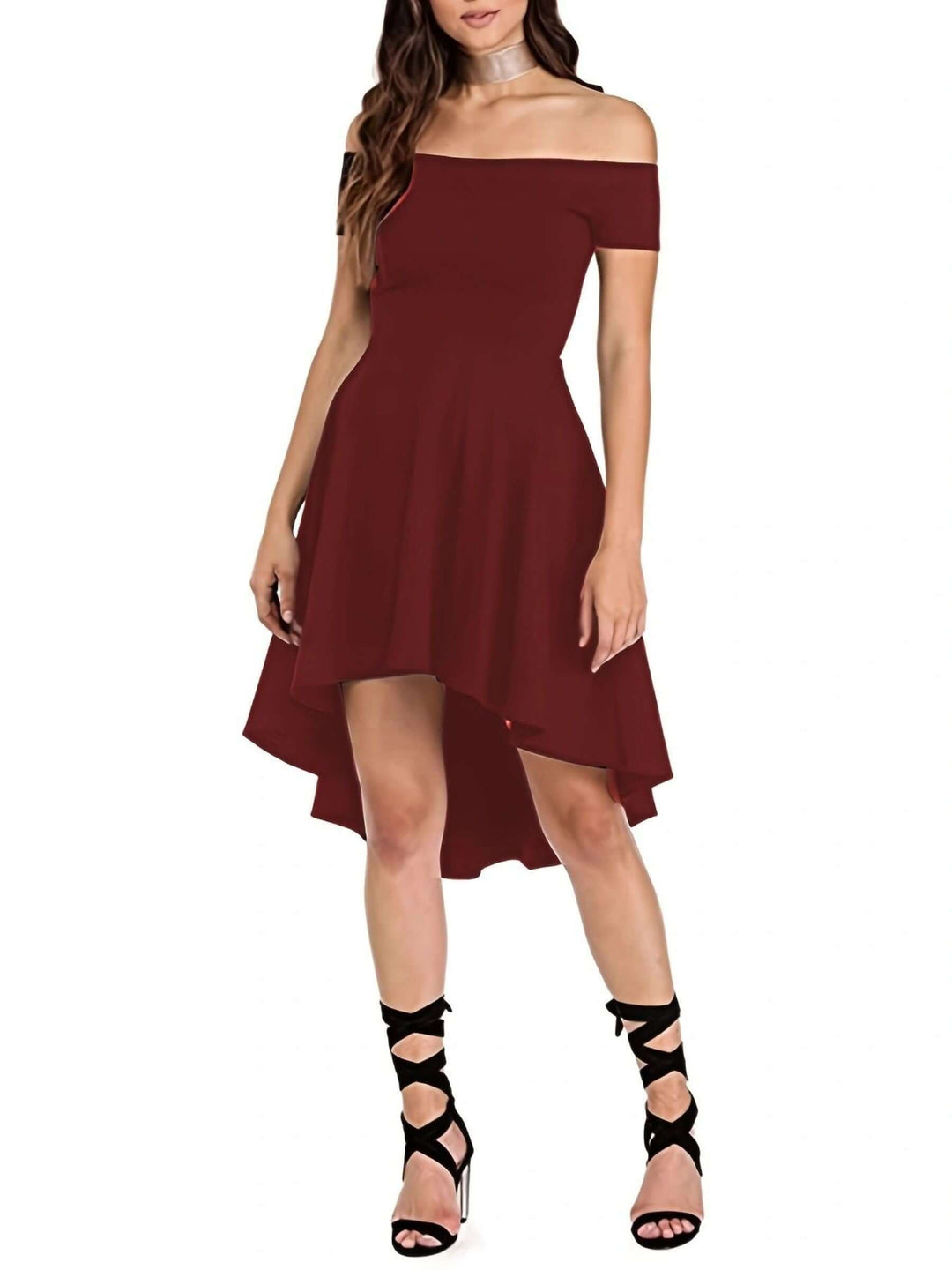 Stunning women's off-shoulder high-low dress, an elegant choice for parties & summer evenings.
