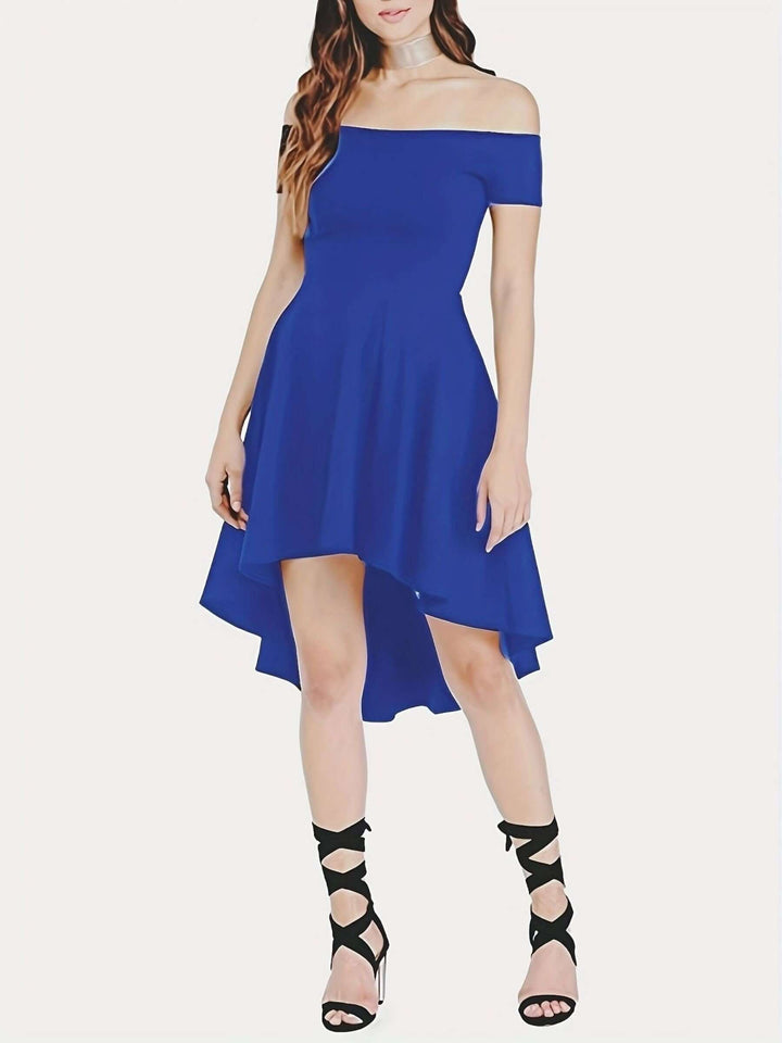Formal off-shoulder high-low cocktail dress for women, designed for chic evening events.