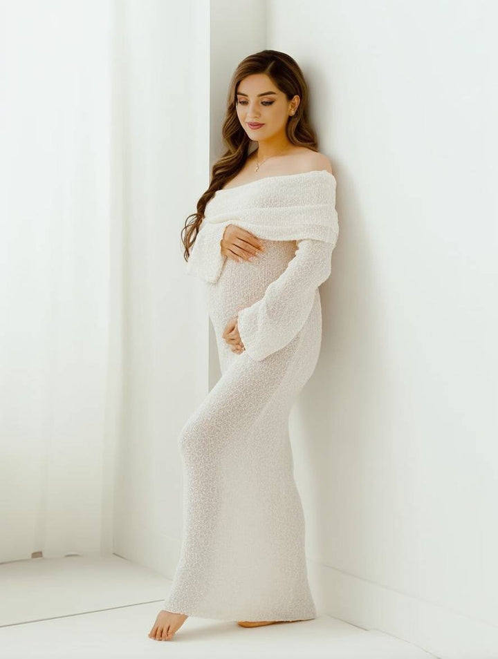 Stunning long sleeve off-shoulder maternity dress for photoshoots, baby showers, or elegant events.