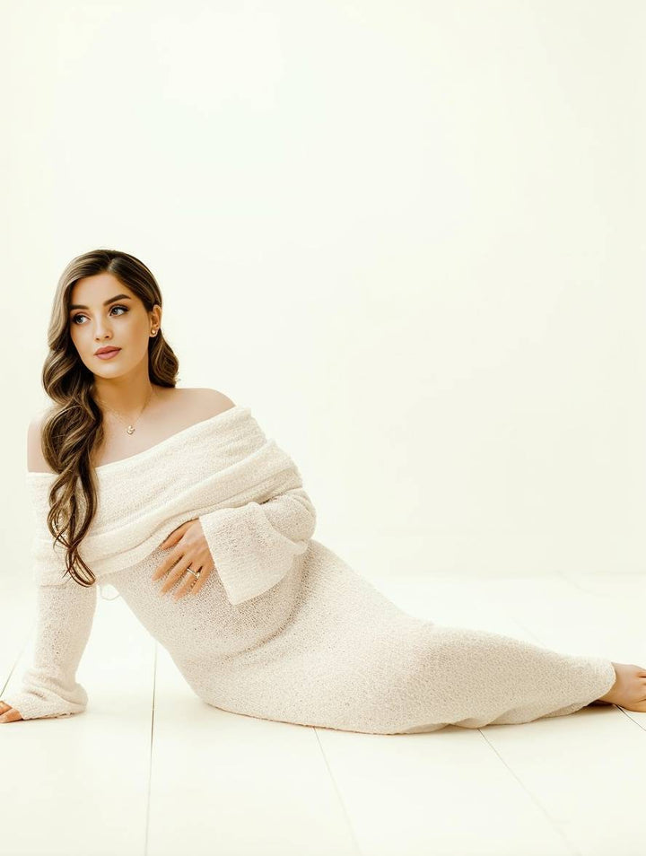 Chic off-shoulder long sleeve maternity dress, suitable for spring, autumn, and winter elegance.