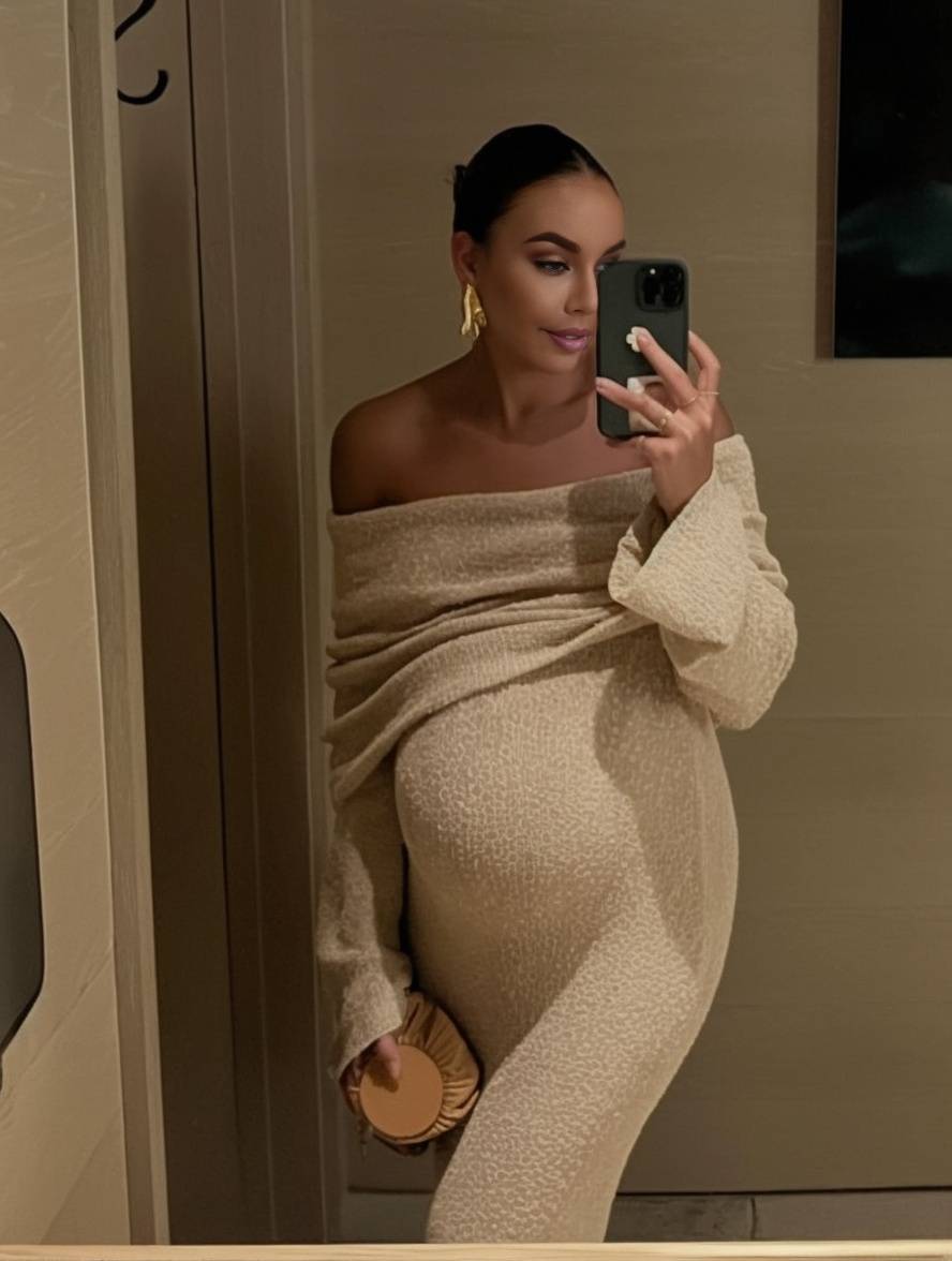 Beautiful off-shoulder long sleeve maternity gown, elegant design for special occasion pregnancy wear.