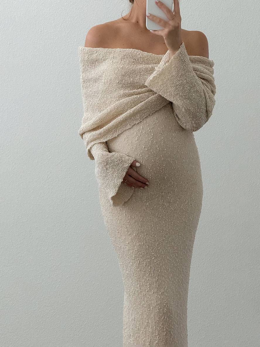 Versatile off-shoulder long sleeve maternity dress; elegant for photoshoots, comfortable for daily wear.
