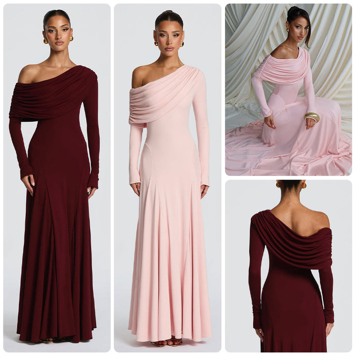 Elegant women's off-shoulder maxi dress, perfect for wedding guests, formal events & evening parties. Flowy & sophisticated.