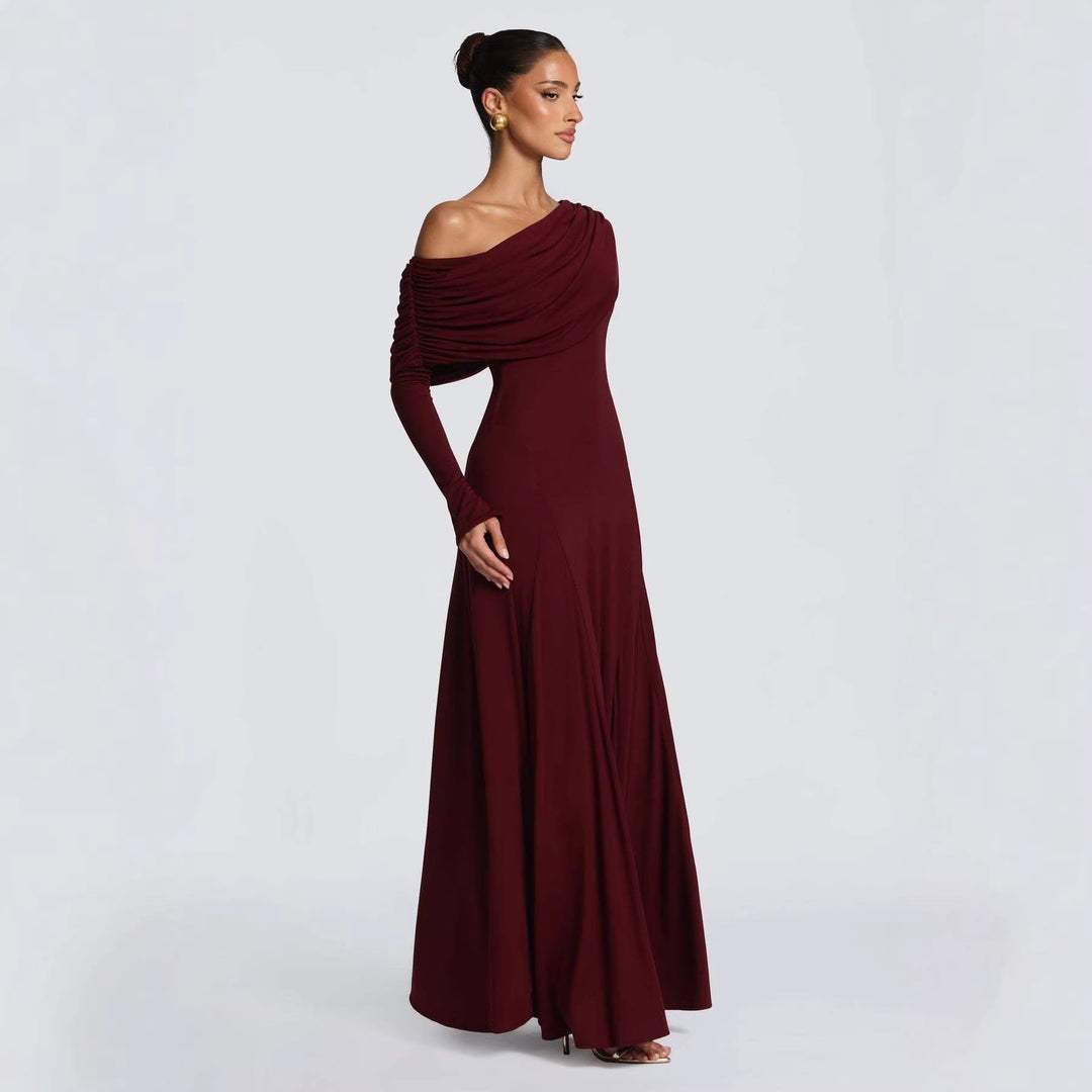 Graceful women's flowy maxi dress with off-shoulder neckline, ideal for special occasion, bridesmaid or formal party.