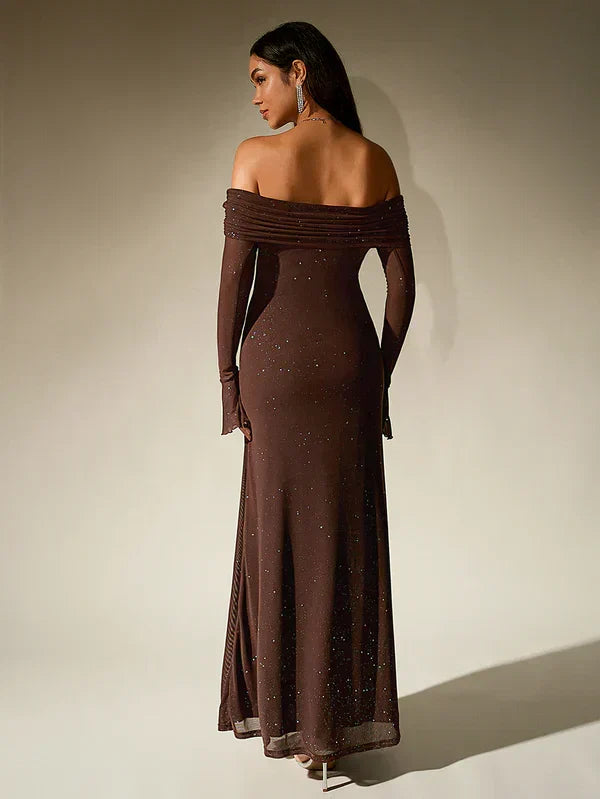 Elegant women's off-shoulder evening gown. Fitted long sleeve maxi dress for formal or special occasions.