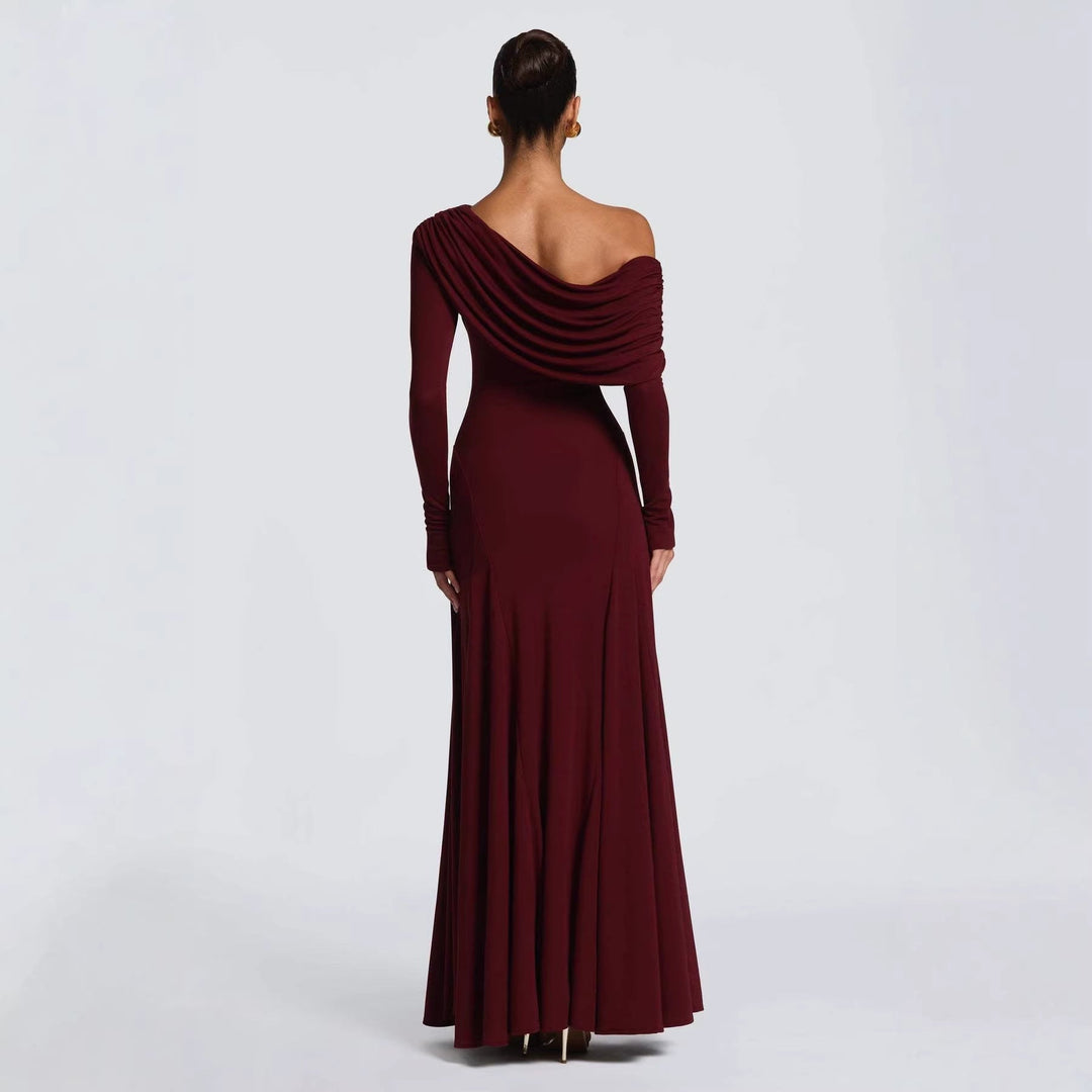 Sophisticated off-shoulder long sleeve maxi gown for women, perfect for elegant wedding guest attire or evening wear.