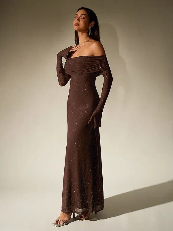Bodycon off-shoulder maxi dress for women. Elegant long sleeve formal dress, ideal for evening wear & special events.