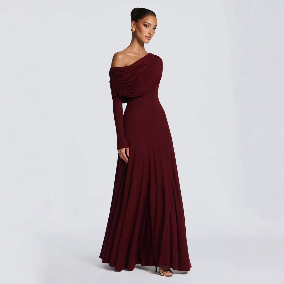 Chic women's off-shoulder maxi dress, an elegant formal gown for wedding guests, galas & special evening events.