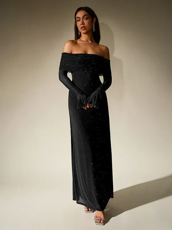 Women's elegant off-shoulder formal maxi dress. Long sleeve evening gown with a flattering fitted design for special events.