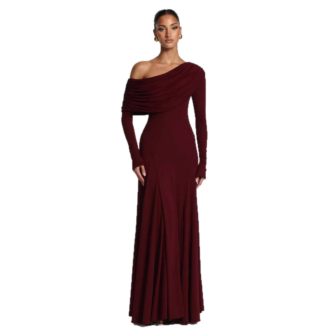 Flowy elegant women's off-shoulder maxi dress, a perfect formal evening gown for weddings & special occasions.