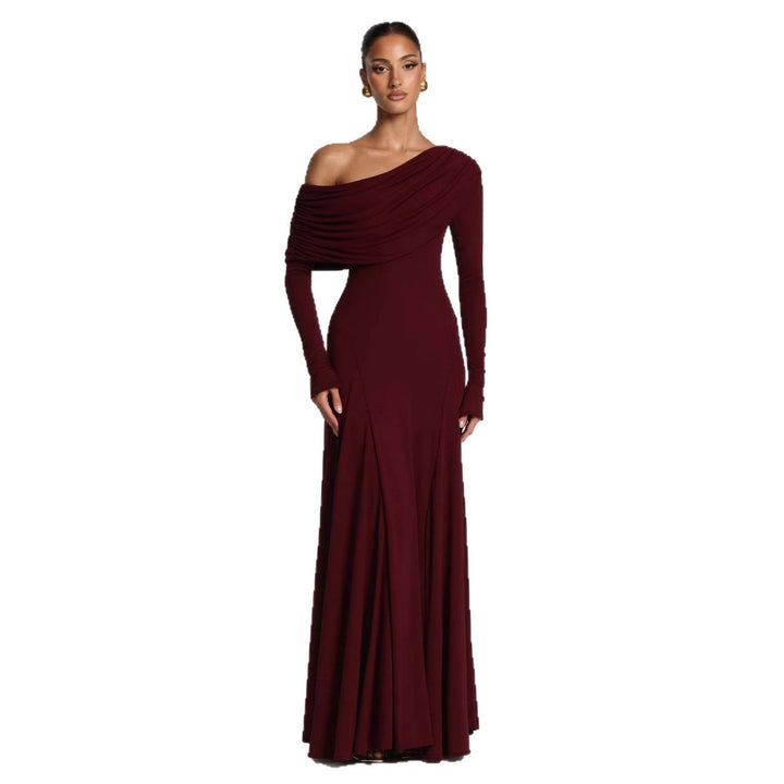 Flowy elegant women's off-shoulder maxi dress, a perfect formal evening gown for weddings & special occasions.