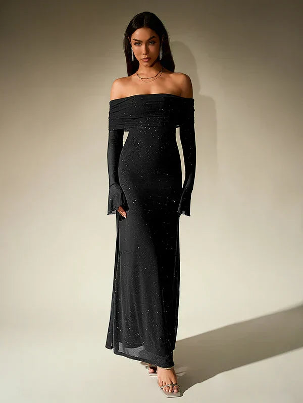 Sophisticated women's off-shoulder maxi dress. Elegant long sleeve bodycon formal dress, perfect for evening wear.