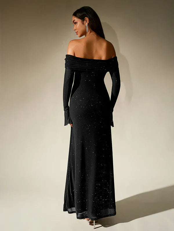 Elegant women's off-shoulder long sleeve maxi dress. Fitted bodycon style, a perfect formal evening gown for special events.