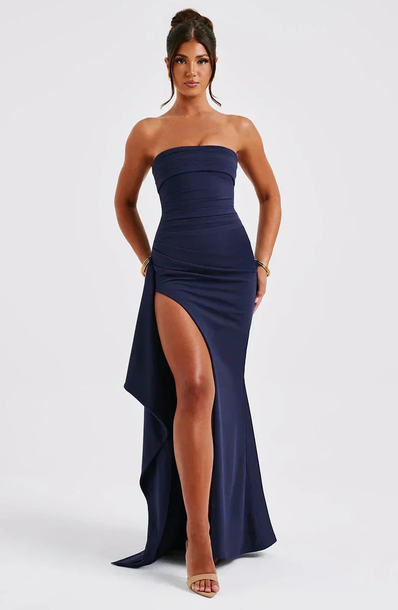 Elegant women's off-shoulder maxi dress with a sophisticated twisted bodice, perfect for evening events.