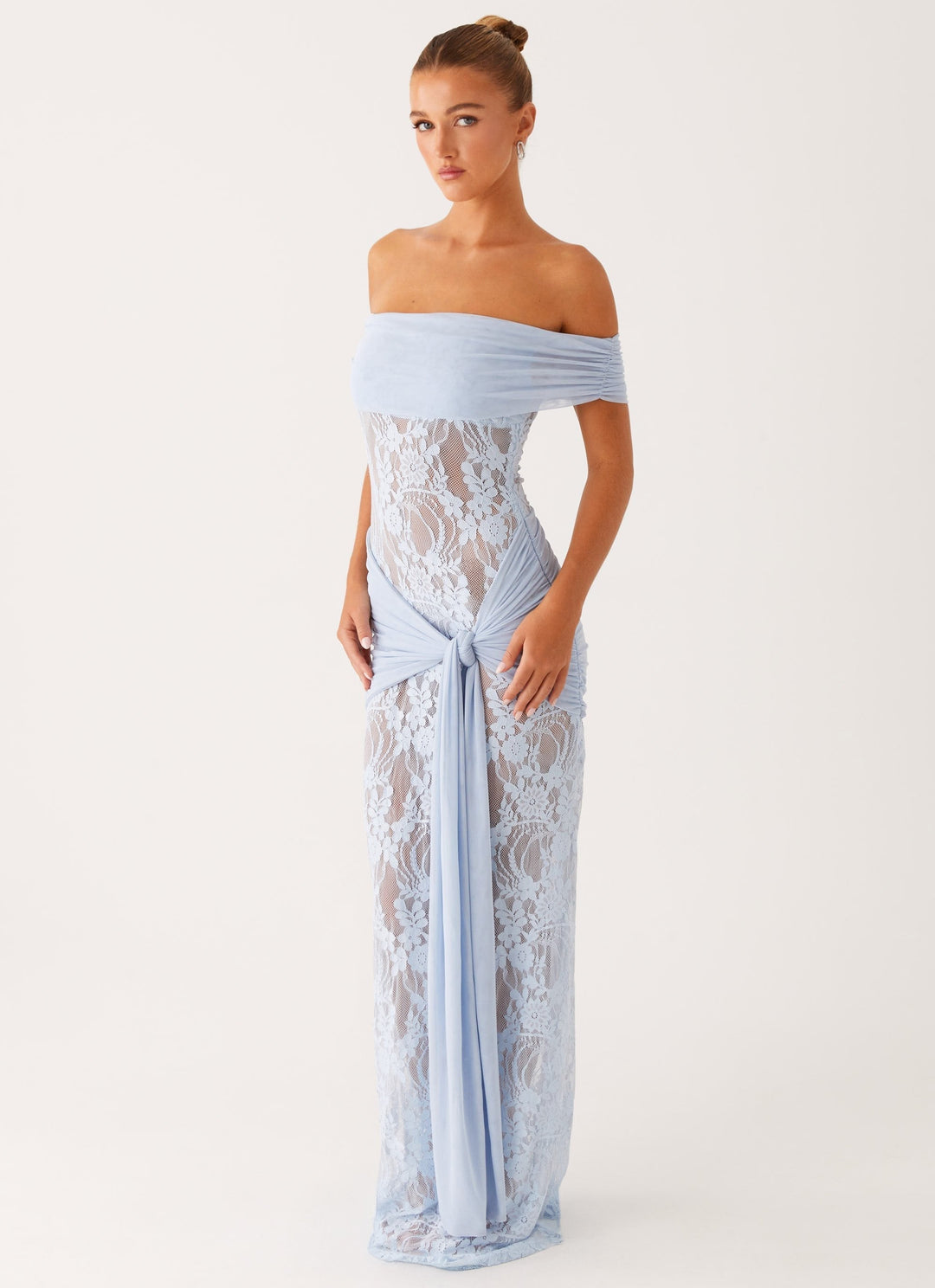 Elegant women's off-shoulder maxi dress with delicate lace details, perfect for evening or special occasions.