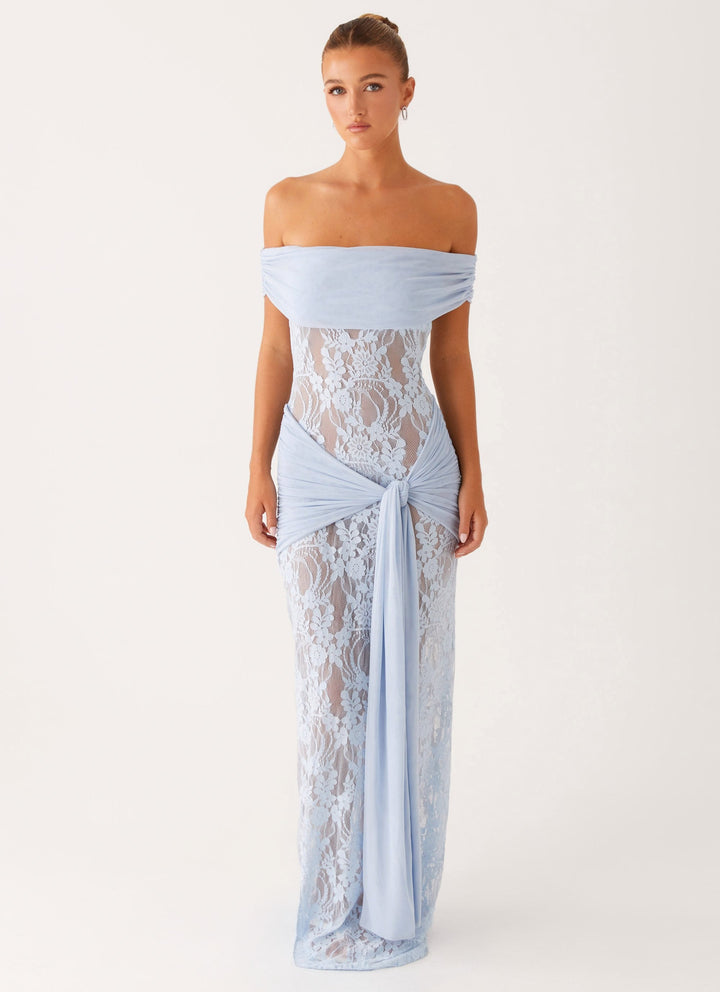 Sophisticated women's off-shoulder maxi dress, showcasing the neckline with intricate lace trim.
