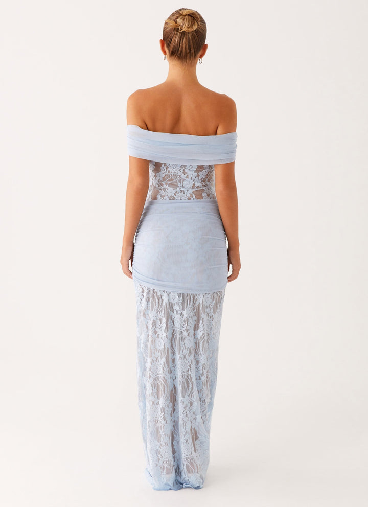 Women's formal maxi dress featuring exquisite lace details on the bodice and hem, off-shoulder design.