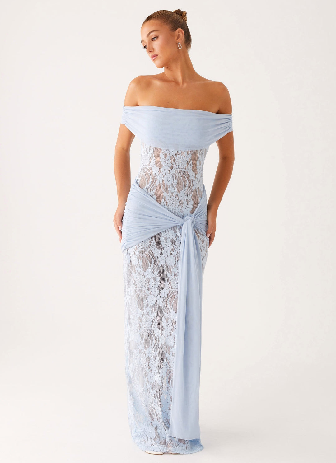 Gorgeous women's evening maxi dress, off-shoulder with elegant lace, ideal for parties & formal events.