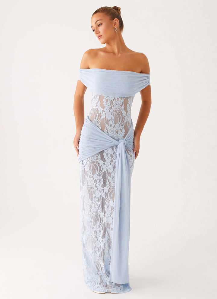 Gorgeous women's evening maxi dress, off-shoulder with elegant lace, ideal for parties & formal events.
