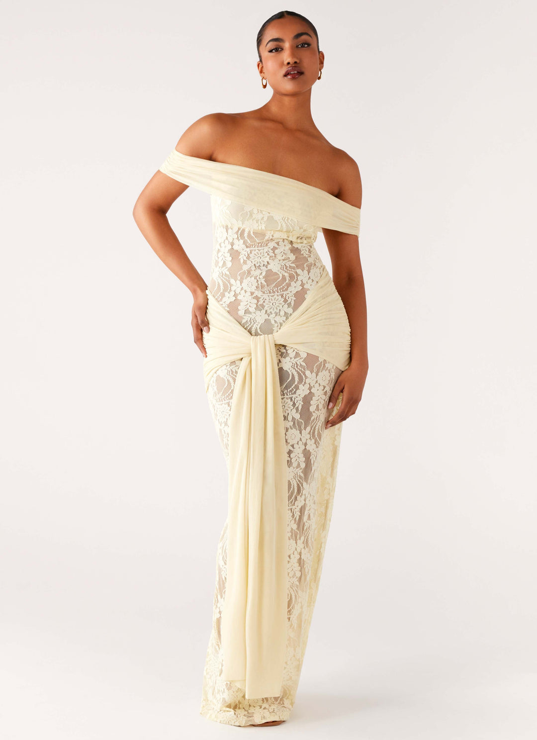 Flowy women's summer off-shoulder maxi dress with beautiful lace accents, comfortable and chic.