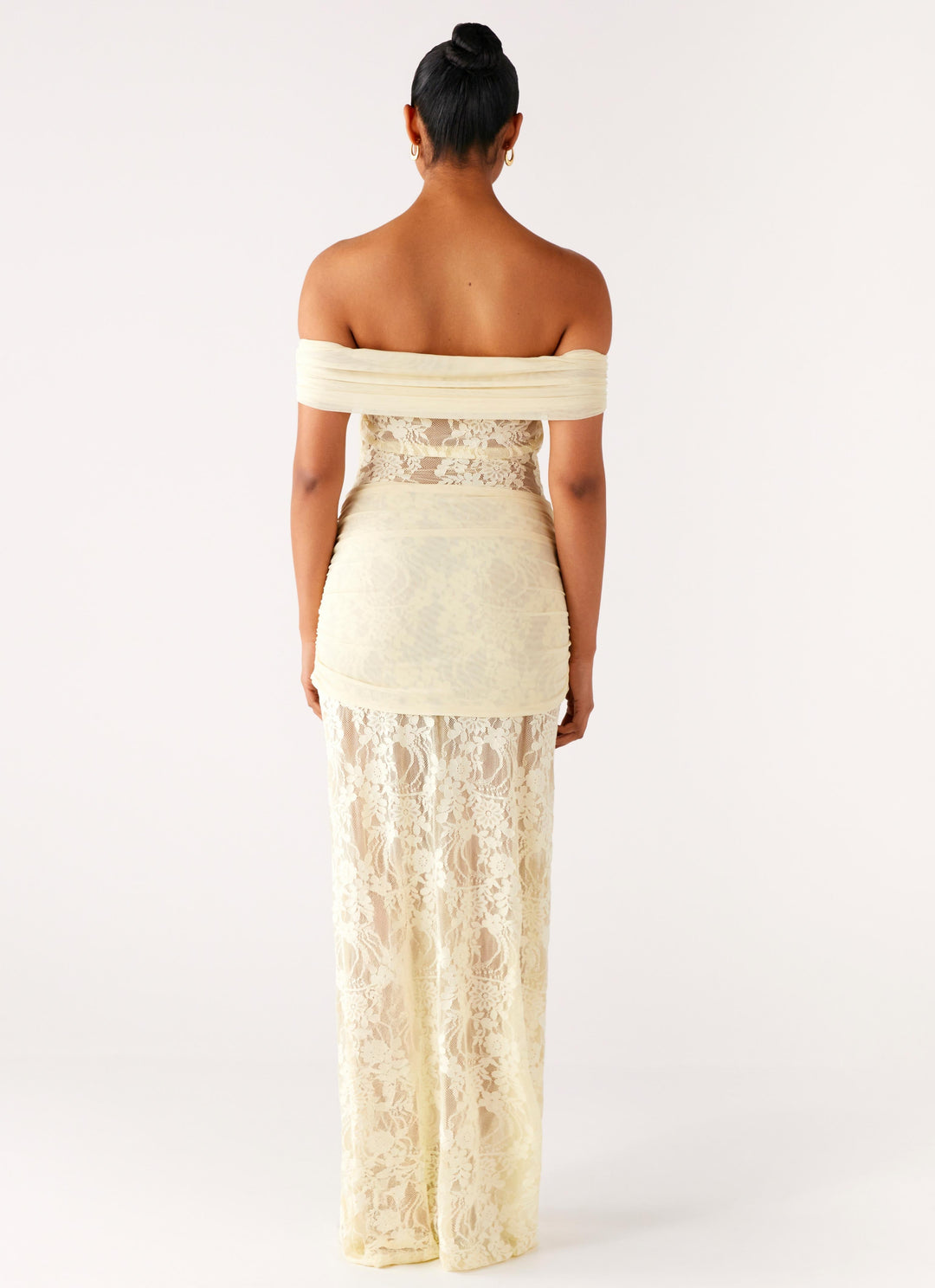 Full-length elegant women's maxi dress, off-shoulder style with delicate lace, perfect for formal events.