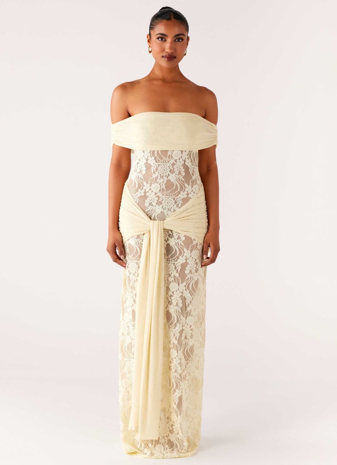 Front view of women's sophisticated off-shoulder maxi dress, highlighting lace details and floor-length design.