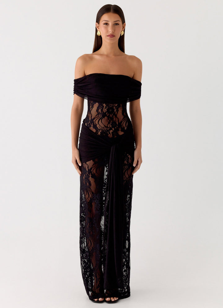 Elegant women's off-shoulder maxi dress, soft fabric with beautiful drape, delicate lace for evening wear.