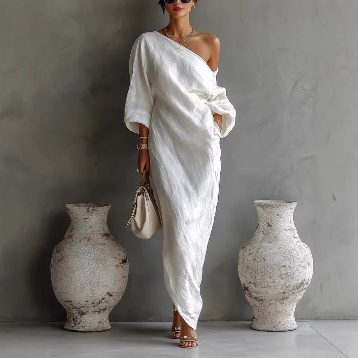 Casual off-shoulder maxi dress for women, featuring elegant lantern sleeves & comfortable, flowy design.