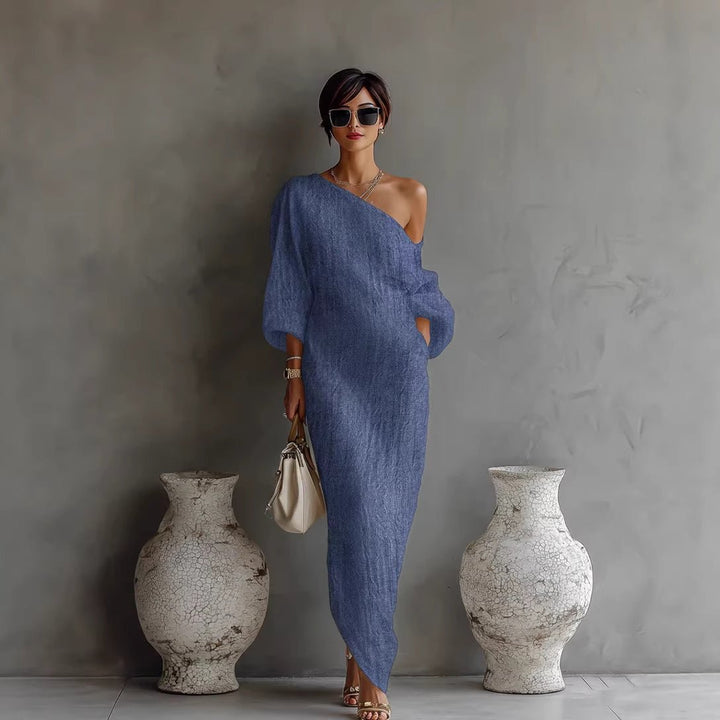 Stylish women's off-shoulder maxi dress with elegant lantern sleeves, ideal for versatile summer fashion.