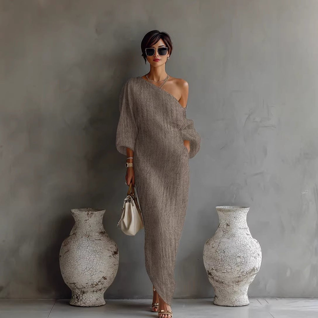 Comfortable women's off-shoulder maxi dress with elegant lantern sleeves. A versatile summer holiday dress.