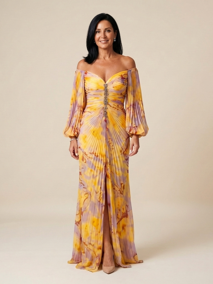 Elegant women's off-shoulder maxi dress with long sleeves and pleated details, perfect for evening wear & parties.