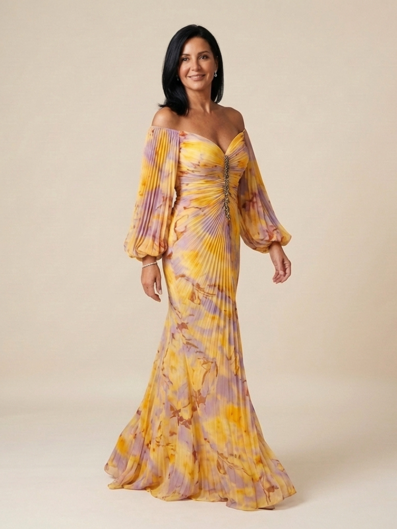 Stylish women's pleated long sleeve maxi dress for formal occasions, featuring a chic off-shoulder design.