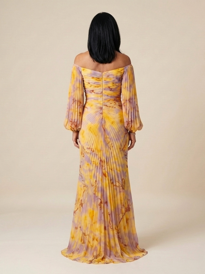 Comfortable women's off-shoulder long sleeve maxi dress with elegant pleats, ideal for special occasion parties.