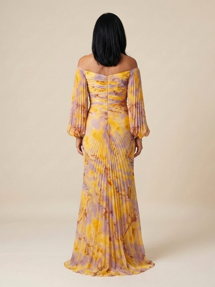 Comfortable women's off-shoulder long sleeve maxi dress with elegant pleats, ideal for special occasion parties.