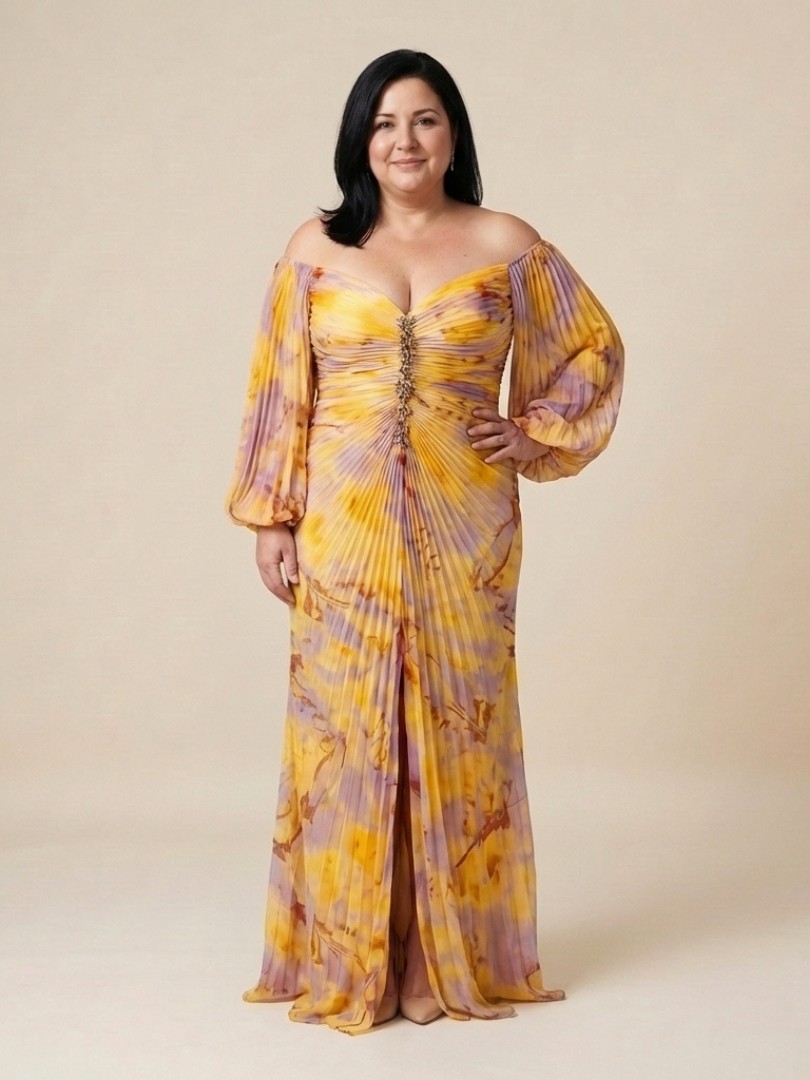 Women's elegant off-shoulder long sleeve maxi dress, exquisitely pleated for a sophisticated evening or party look.