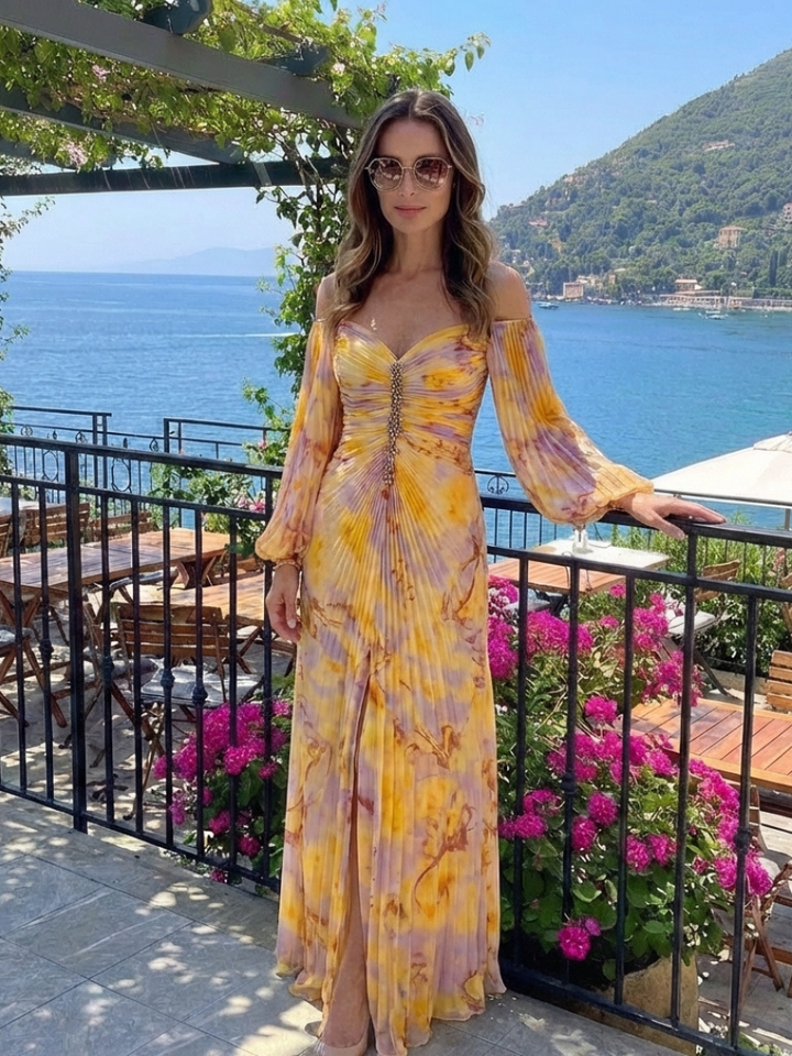 Beautiful women's floral off-shoulder pleated long sleeve maxi dress, perfect for stylish evening events.