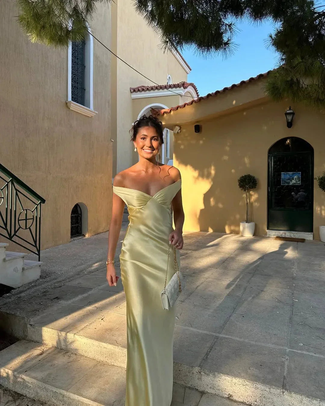 Chic off-shoulder maxi evening gown for women, perfect for formal parties & special events.