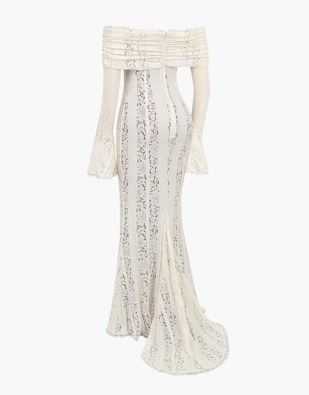 Women's elegant Off Shoulder Maxi Wedding Gown. Formal bridal dress with a stunning mermaid silhouette.