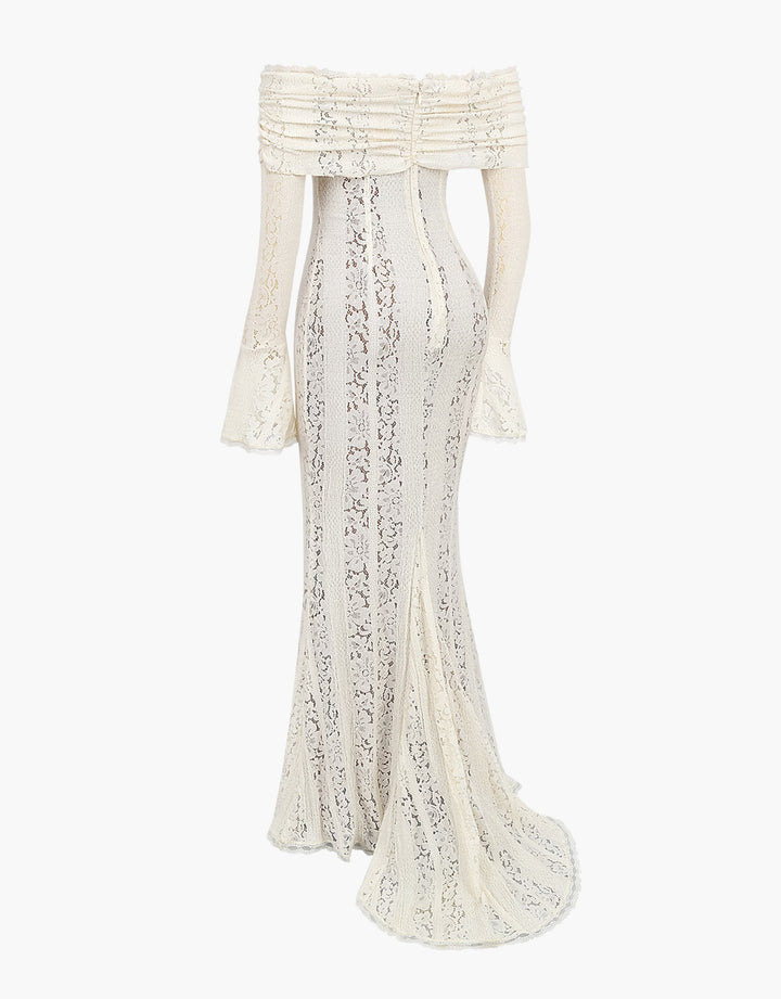 Women's elegant Off Shoulder Maxi Wedding Gown. Formal bridal dress with a stunning mermaid silhouette.