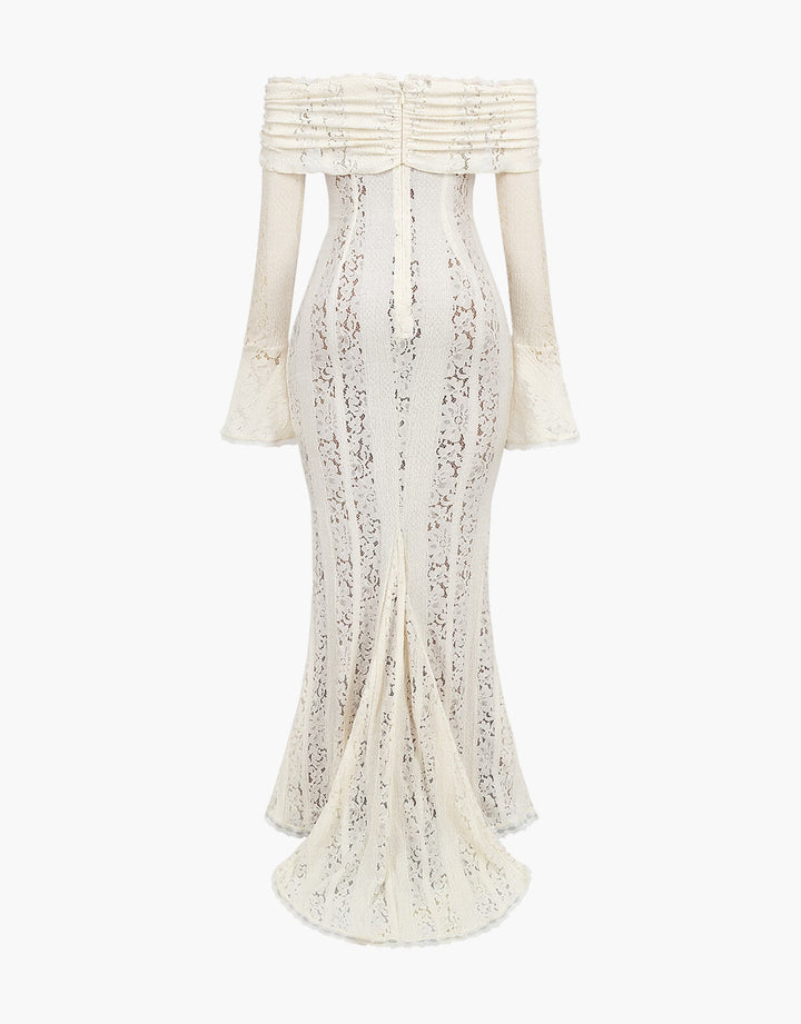 Long Off Shoulder Maxi Dress for women. Elegant wedding gown, formal or special occasion bridal wear.