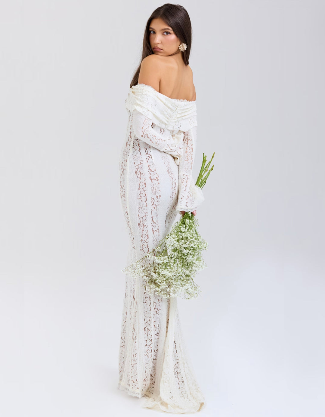 Beautiful Women's Off Shoulder Maxi Dress with mermaid silhouette. Ideal elegant wedding or formal gown.