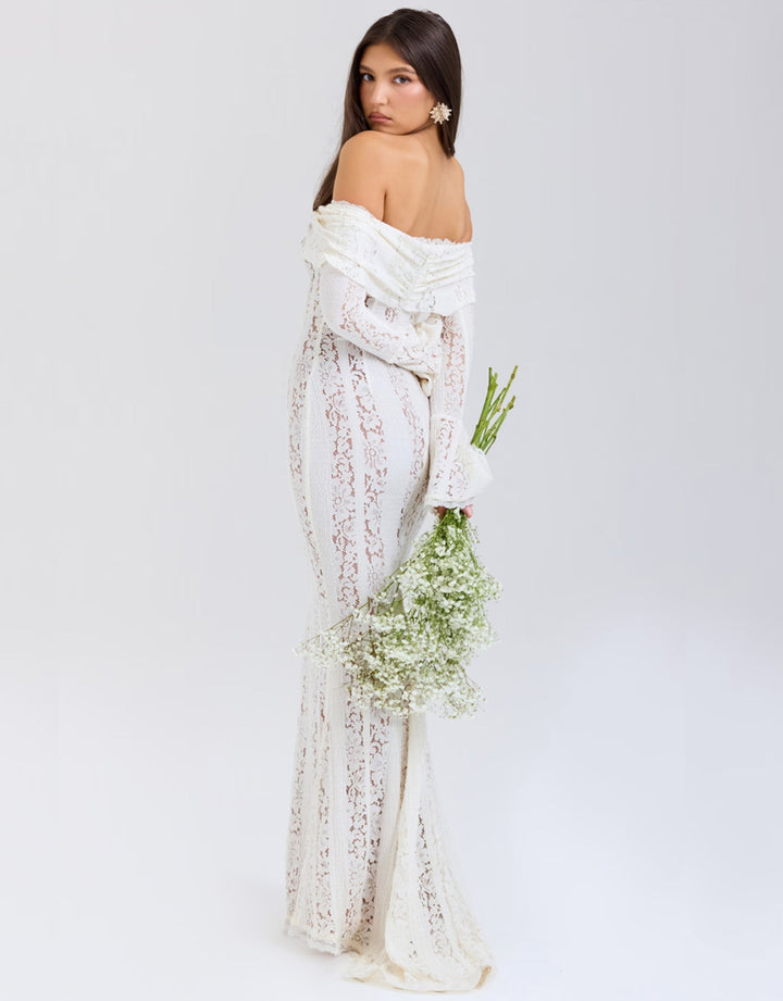 Beautiful Women's Off Shoulder Maxi Dress with mermaid silhouette. Ideal elegant wedding or formal gown.