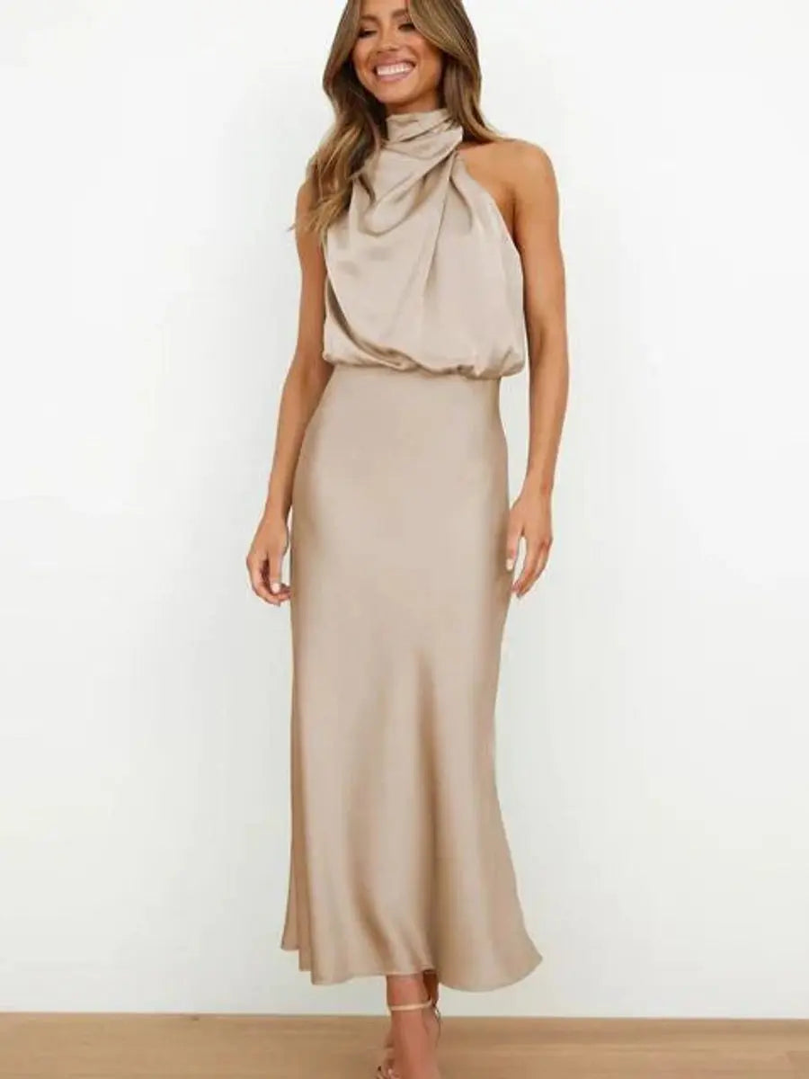 Elegant women's off-shoulder midi cocktail party dress, perfect for evening events and formal occasions.